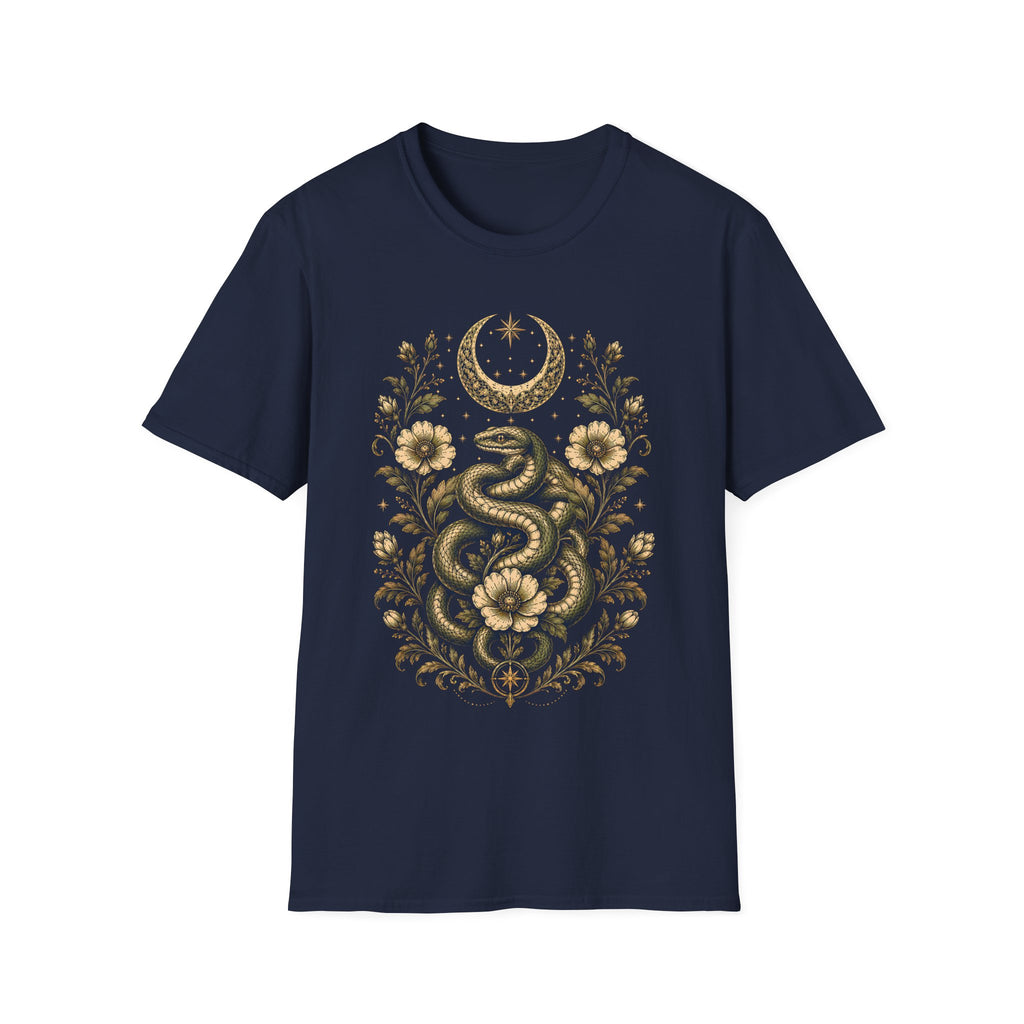 Mystic Serpent Under Crescent Moon Floral T-Shirt