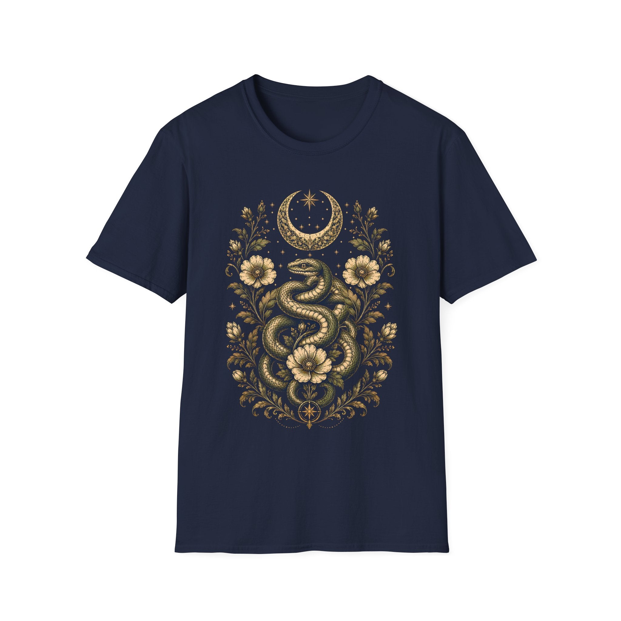 Mystic Serpent Under Crescent Moon Floral T-Shirt