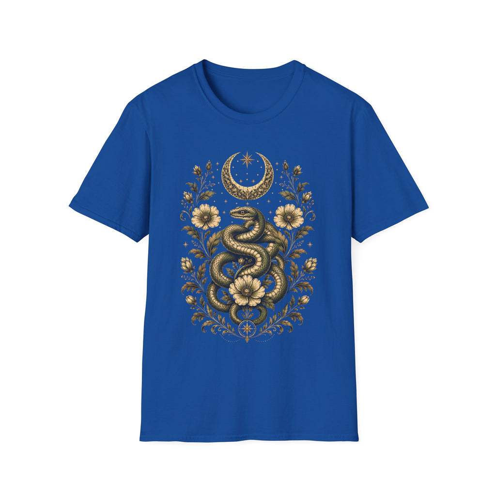 Mystic Serpent Under Crescent Moon Floral T-Shirt