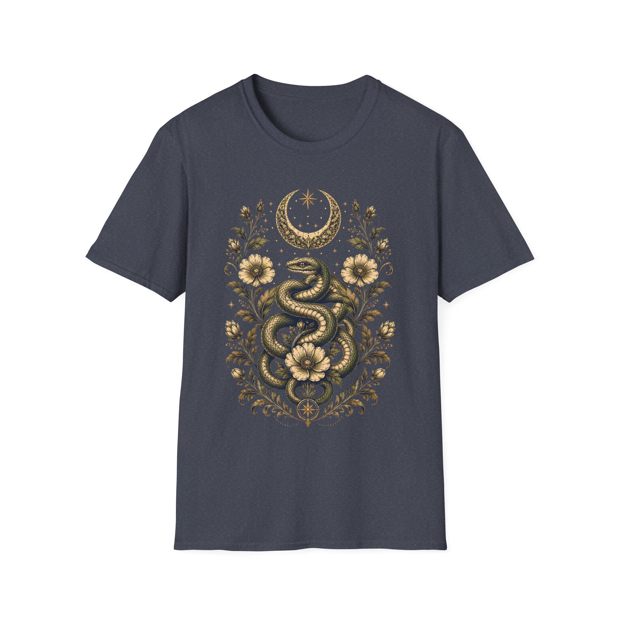 Mystic Serpent Under Crescent Moon Floral T-Shirt