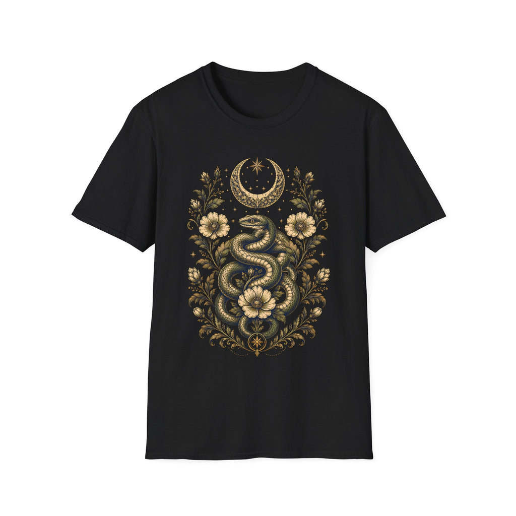 Mystic Serpent Under Crescent Moon Floral T-Shirt
