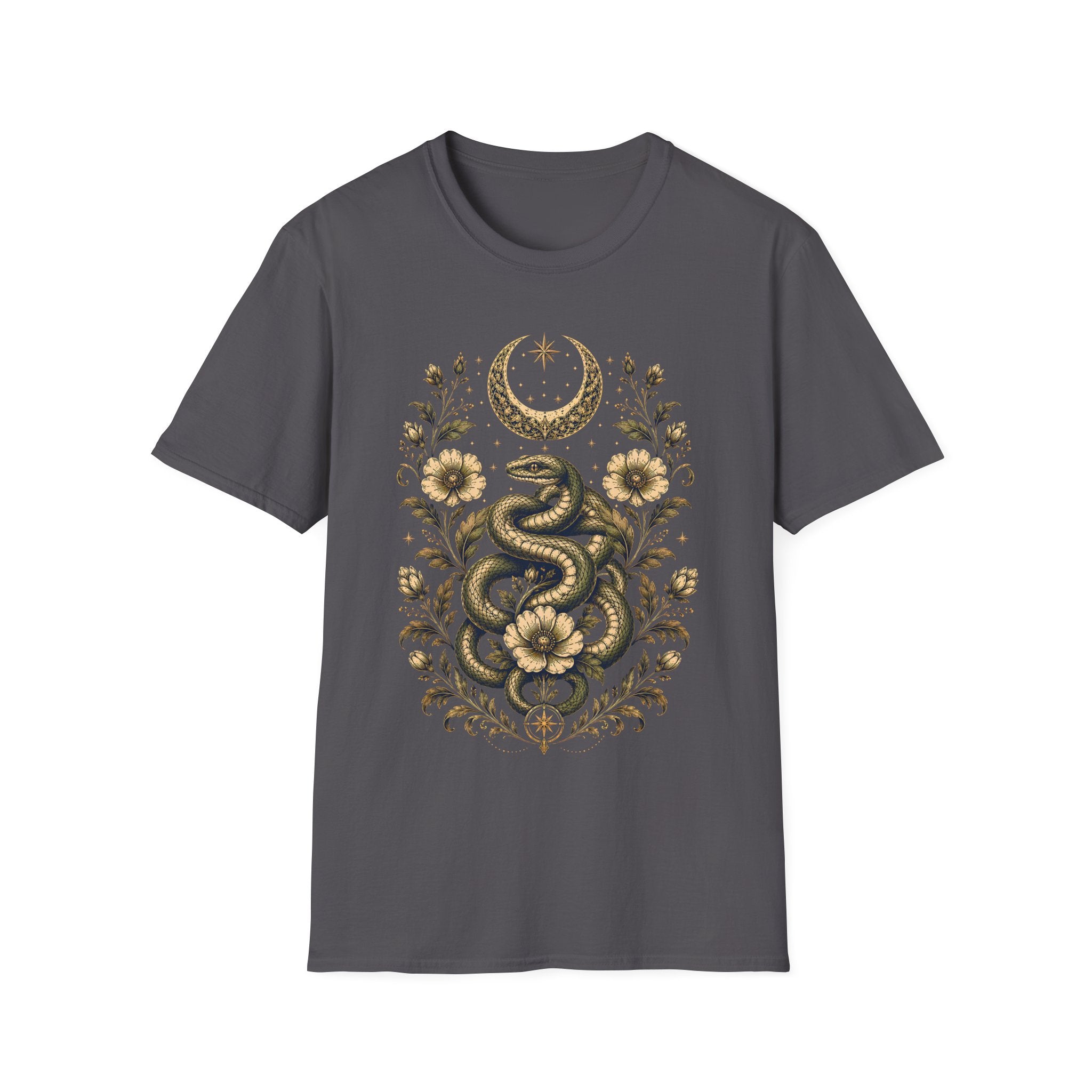 Mystic Serpent Under Crescent Moon Floral T-Shirt